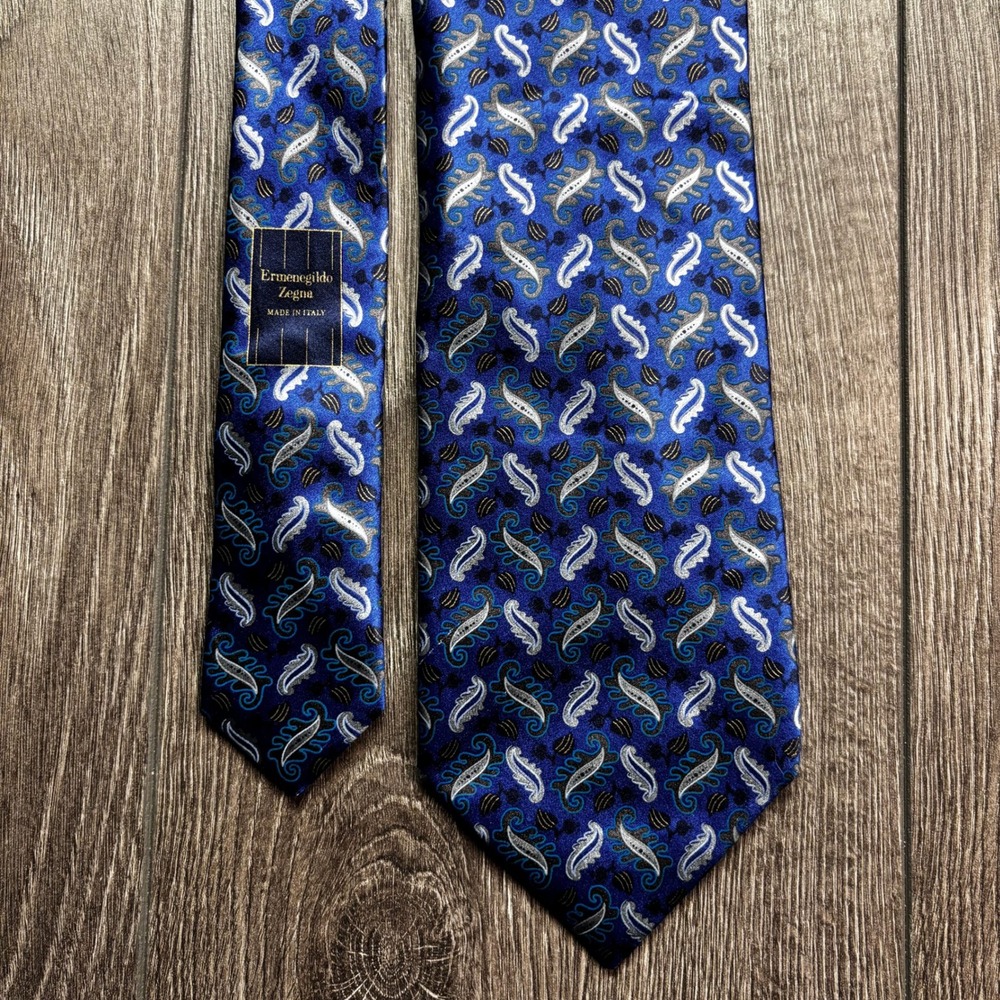 Ermenegildo Zegna Silk Tie Blue Paisley Leaf Pattern Made in Italy Mens Necktie